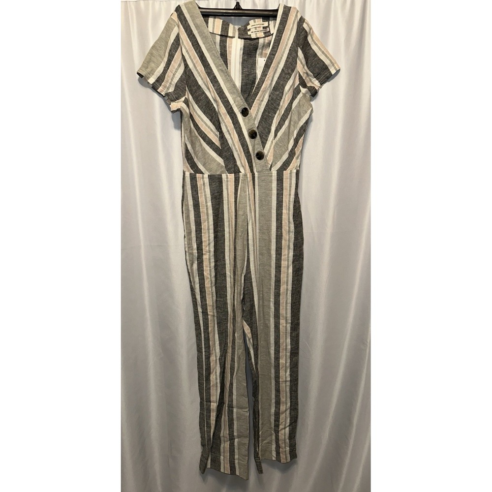 Urban Outfitters Pants Romper Size M Striped Linen Short Sleeve Striped Vneck